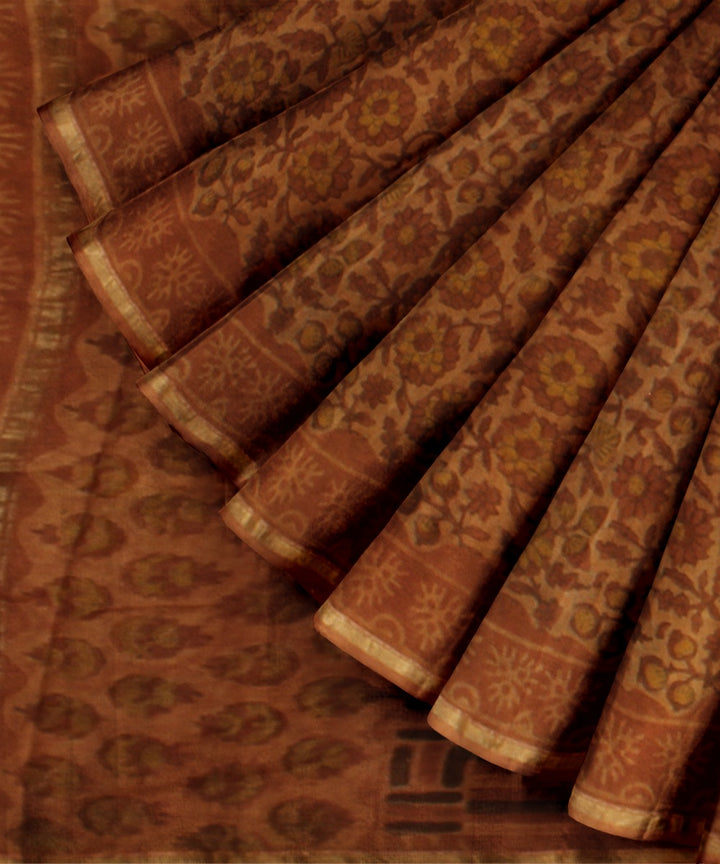 Mustard block print cotton silk chanderi saree