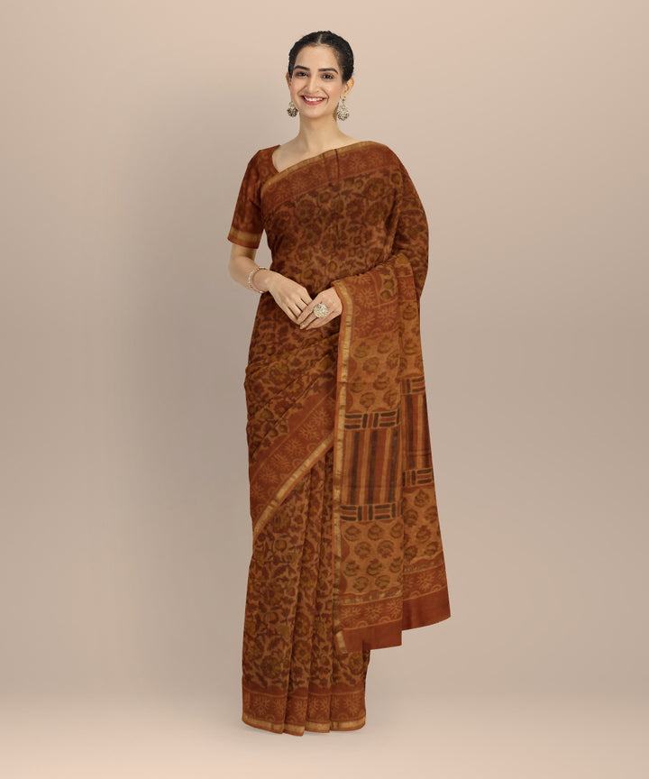 Mustard block print cotton silk chanderi saree