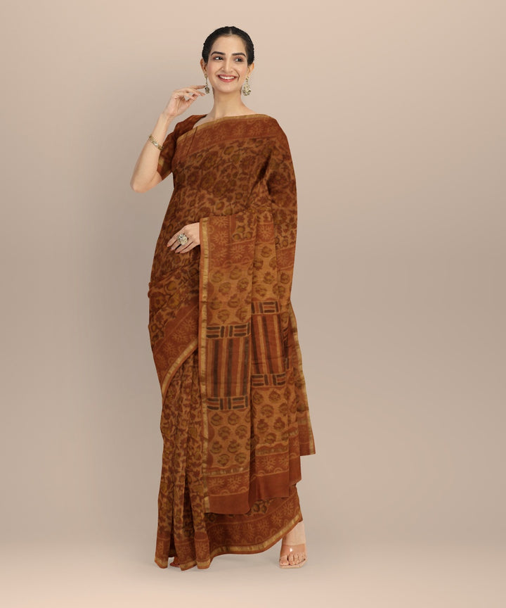 Mustard block print cotton silk chanderi saree