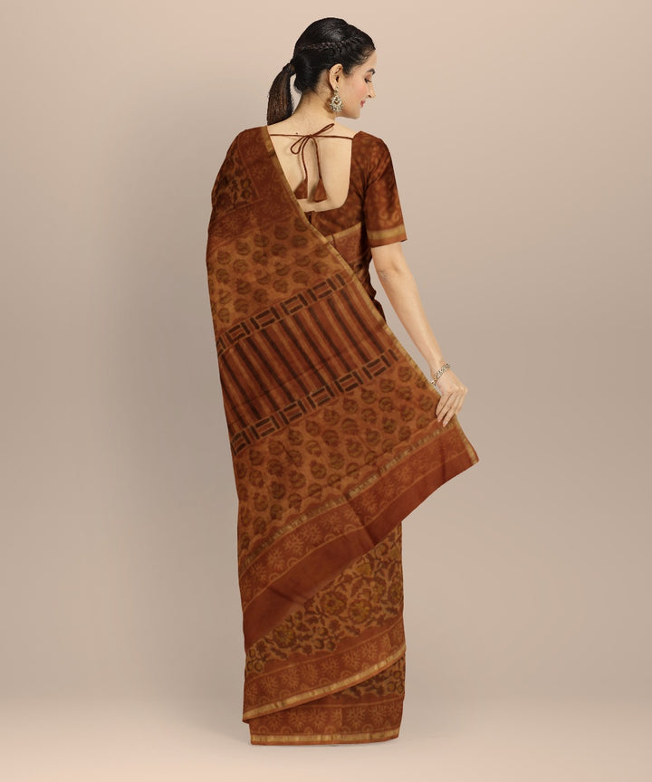 Mustard block print cotton silk chanderi saree