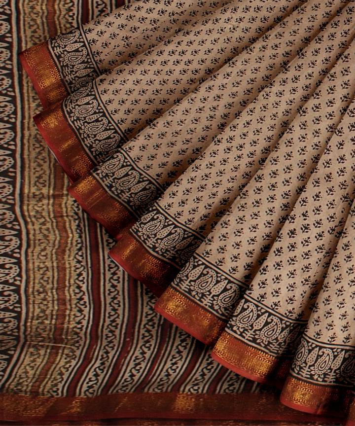 Beige black cotton silk chanderi block print saree
