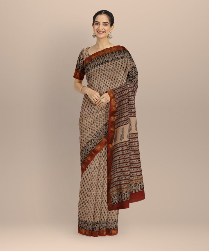 Beige black cotton silk chanderi block print saree