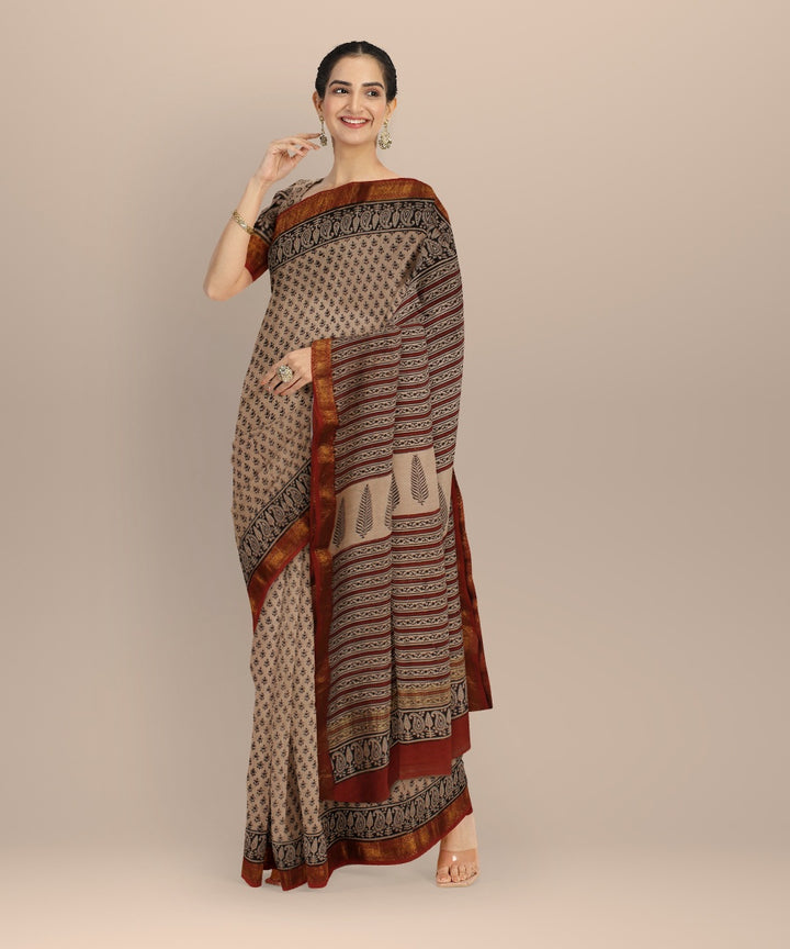 Beige black cotton silk chanderi block print saree