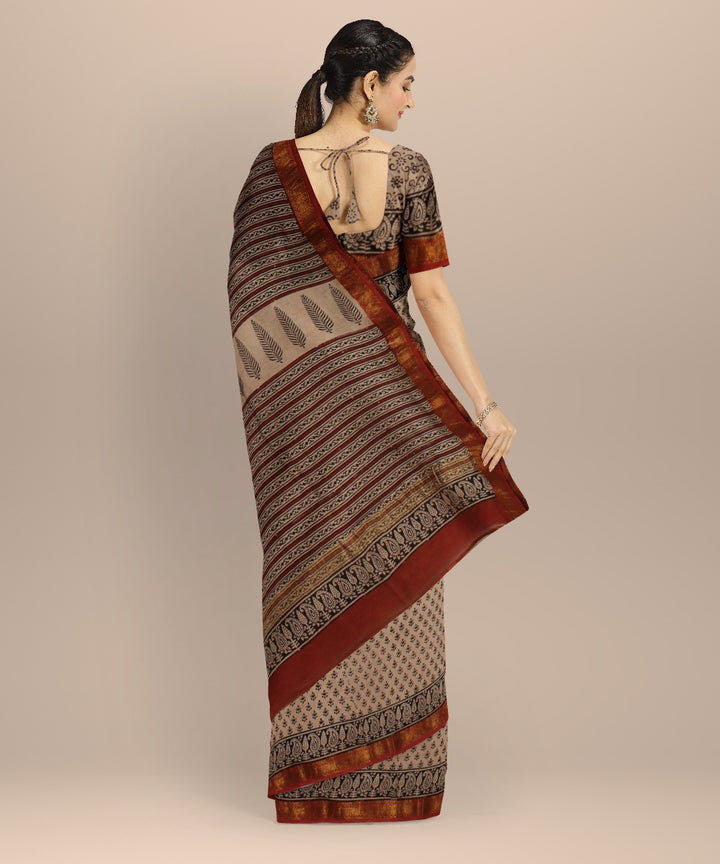 Beige black cotton silk chanderi block print saree