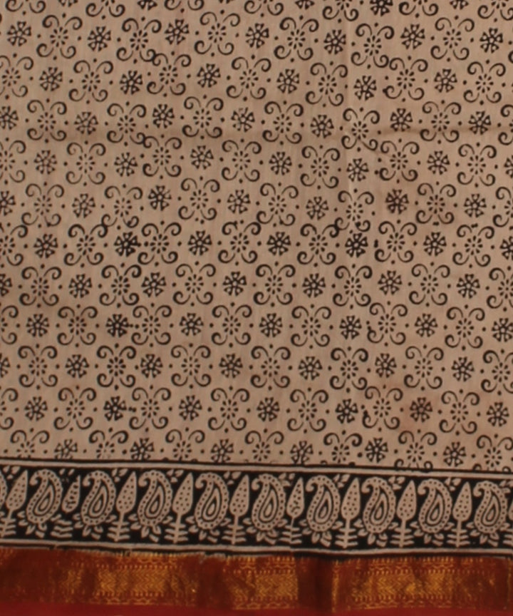 Beige black cotton silk chanderi block print saree