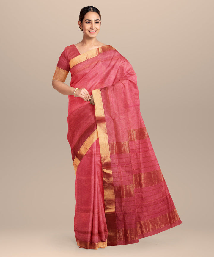 Pink red maheshwari handloom cotton silk saree