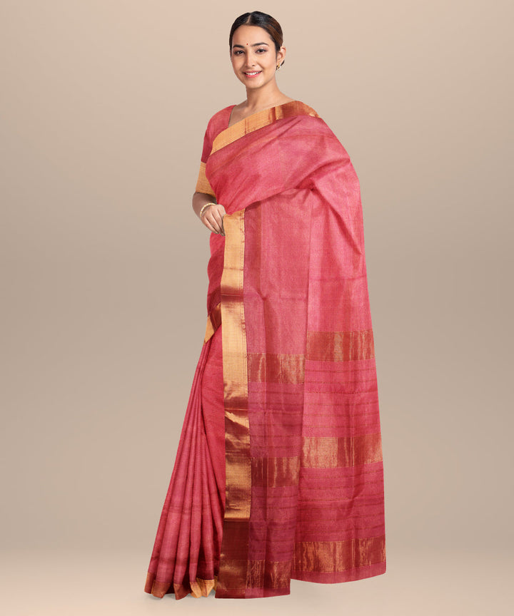 Pink red maheshwari handloom cotton silk saree