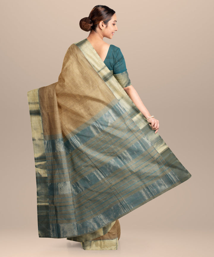 Beige green handloom cotton silk maheshwari saree