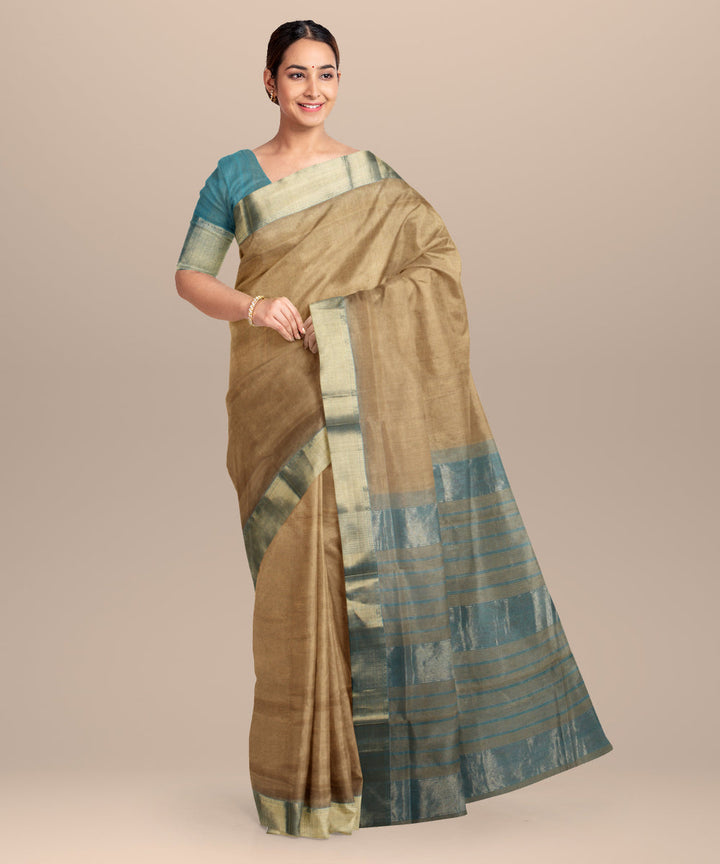 Beige green handloom cotton silk maheshwari saree