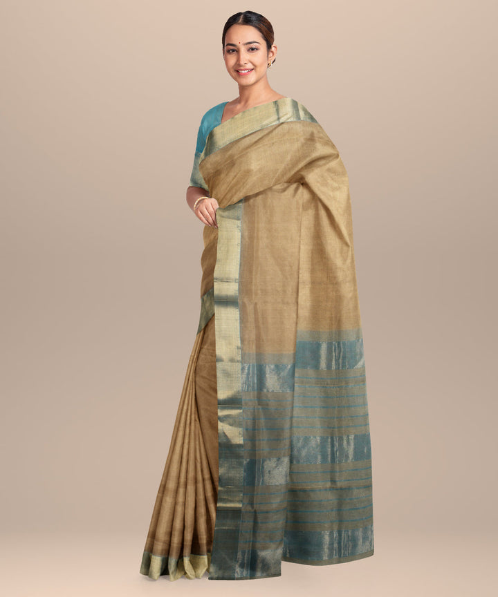 Beige green handloom cotton silk maheshwari saree