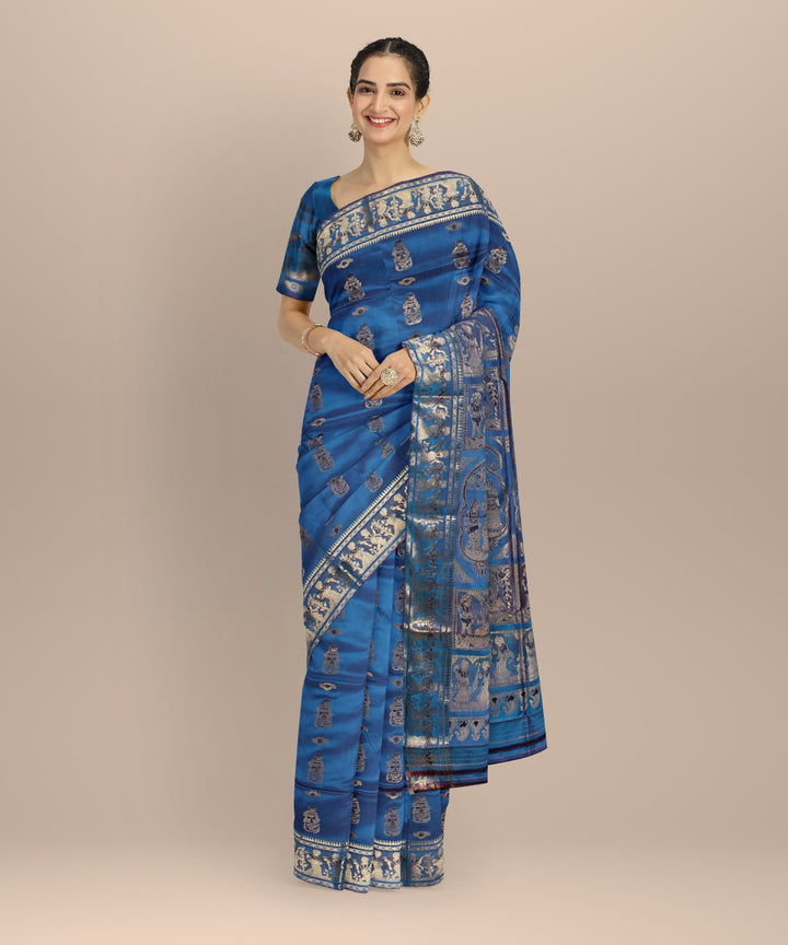 Royal blue golden zari handwoven meenakari baluchari silk saree