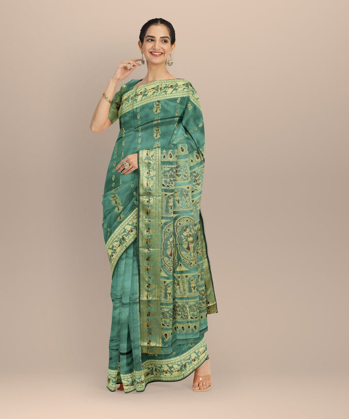 Cyan green multicolor handwoven meenakari baluchari silk saree