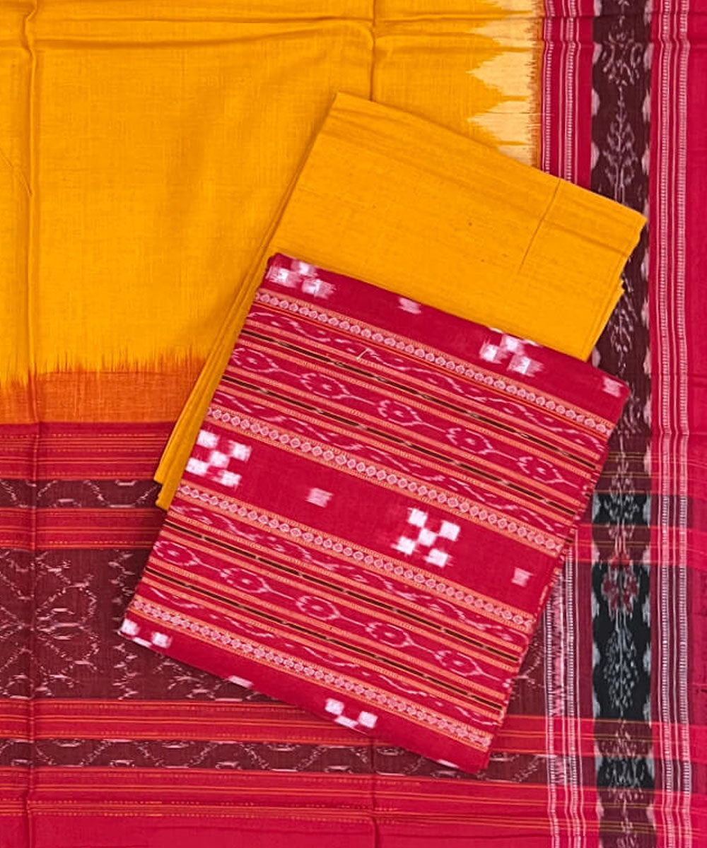 3pc Red yellow handwoven cotton double ikat sambalpuri dress material