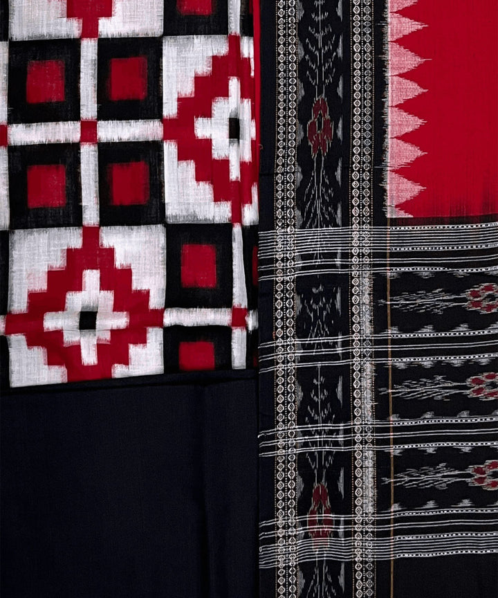3pc White red handwoven cotton double ikat sambalpuri dress material