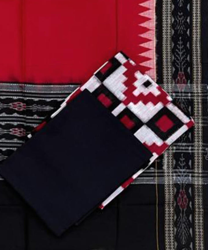 3pc White red handwoven cotton double ikat sambalpuri dress material