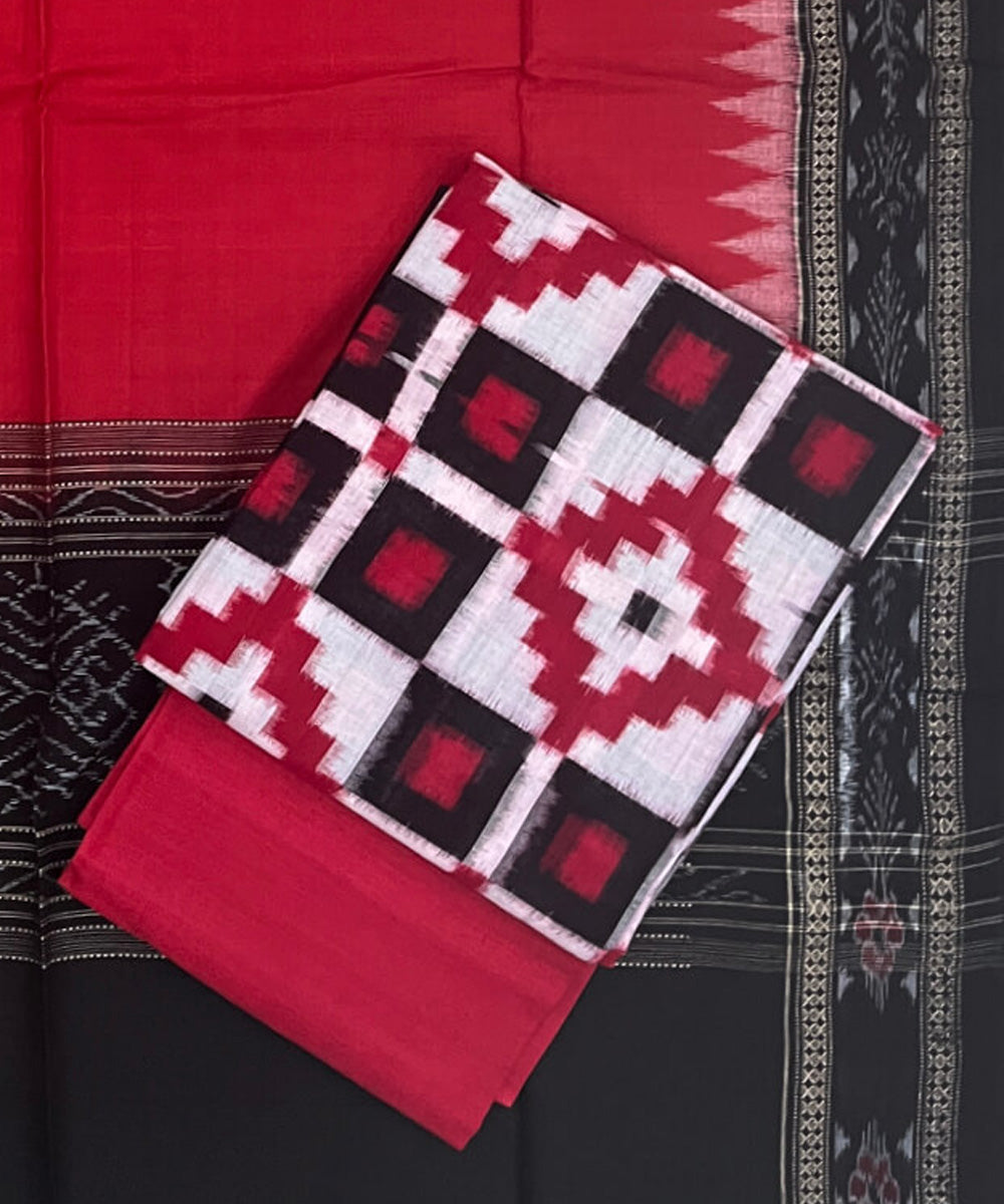 3pc Red white handwoven cotton double ikat sambalpuri dress material
