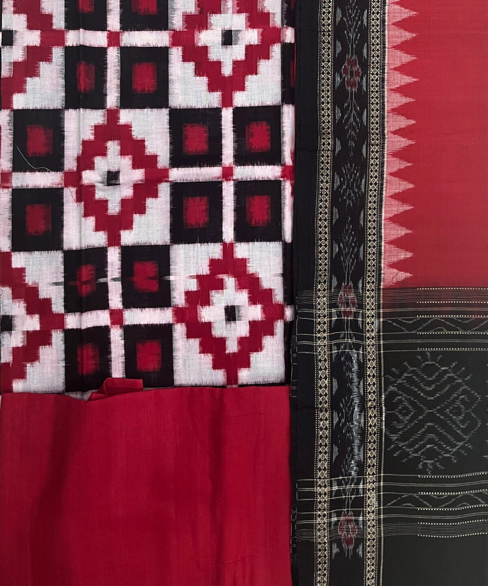 3pc Red white handwoven cotton double ikat sambalpuri dress material