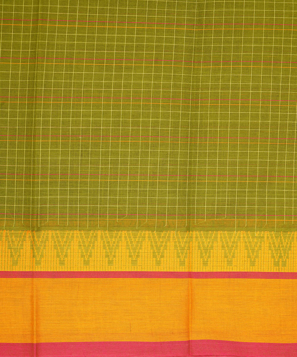 Olive green checks cotton narayanapet handwoven saree