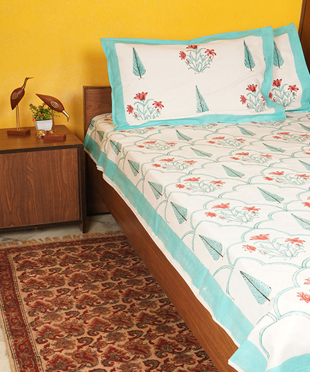 White sky blue cotton hand block printed bedsheet