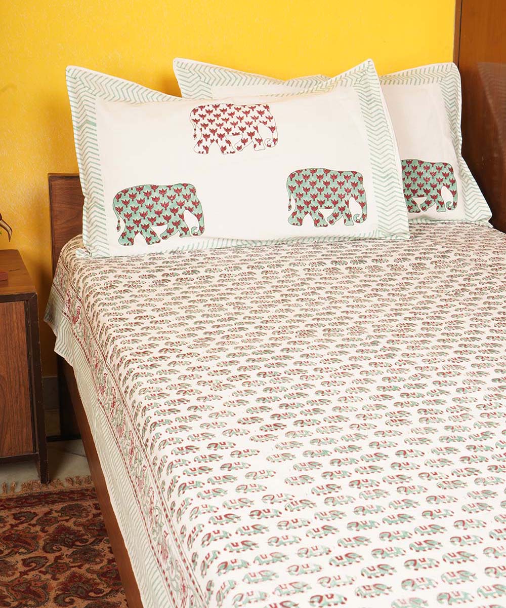 White cotton hand block printed bedsheet