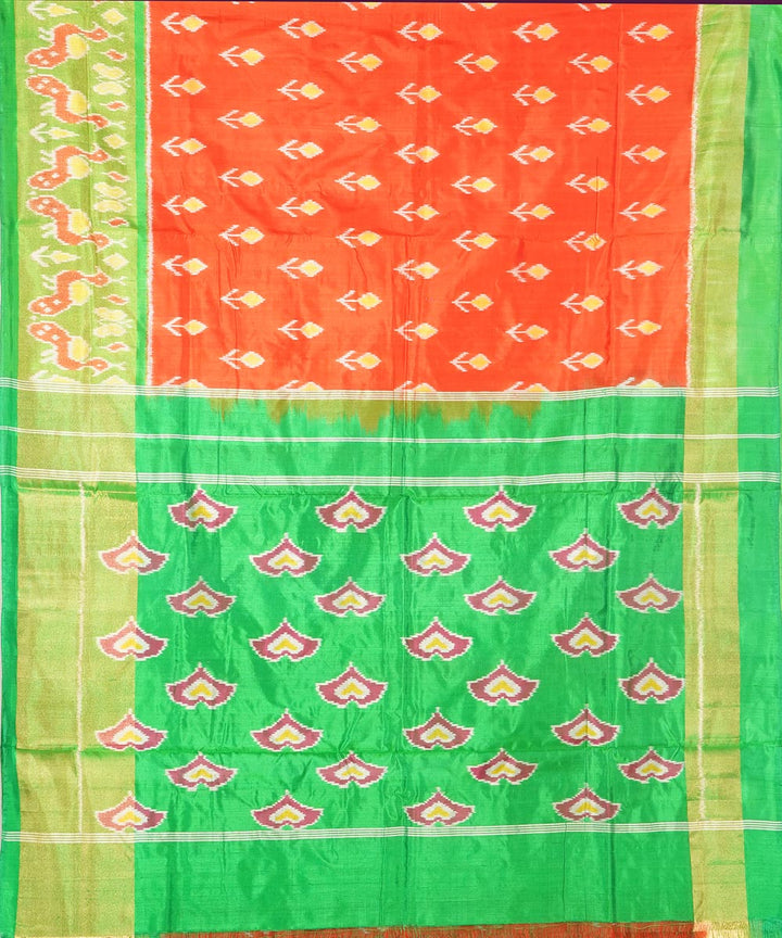 Orange light green silk handwoven pochampally ikat saree