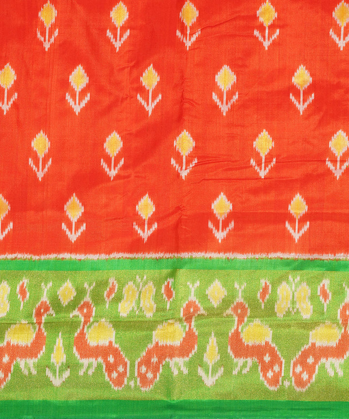 Orange light green silk handwoven pochampally ikat saree