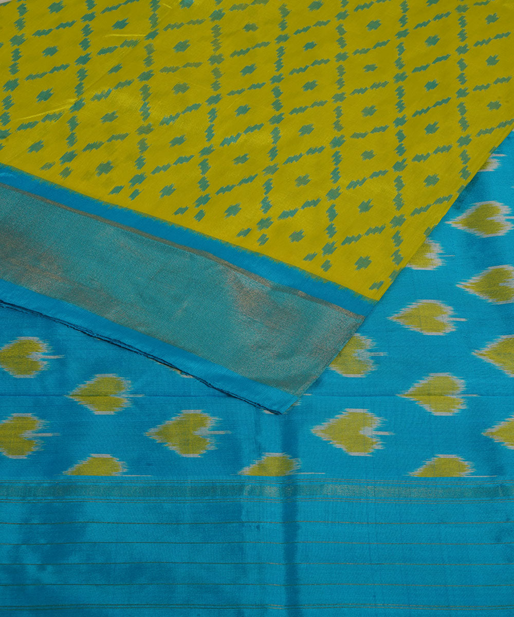 Lemon yellow sky blue silk handwoven pochampally ikat saree