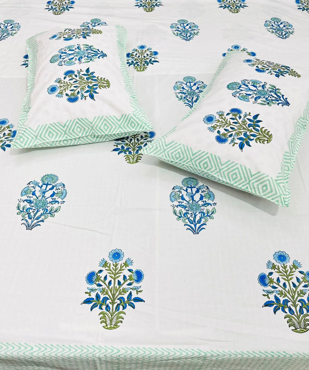 Navy blue white sanganeri block printed cotton king size bedsheet