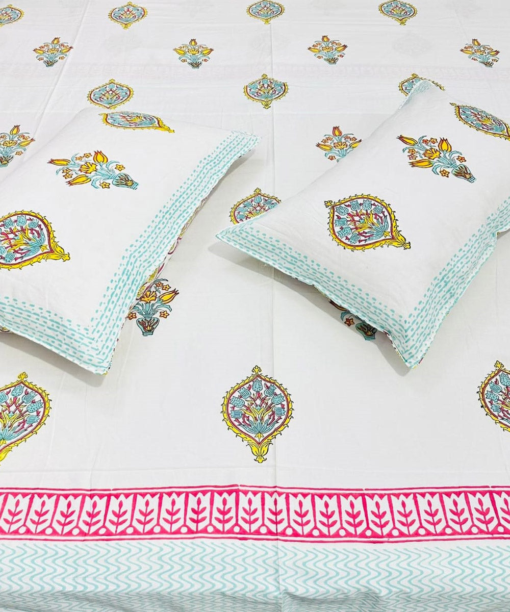 Multicolor white sanganeri block print king size bedsheet