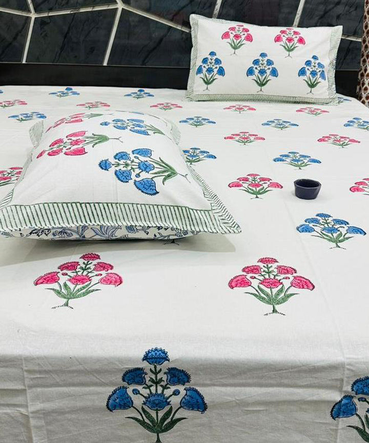 Multicolor floral sanganeri block printed cotton king size bedsheet