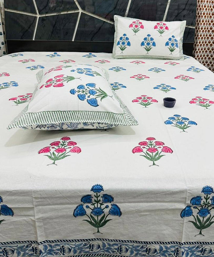 Multicolor floral sanganeri block printed cotton king size bedsheet