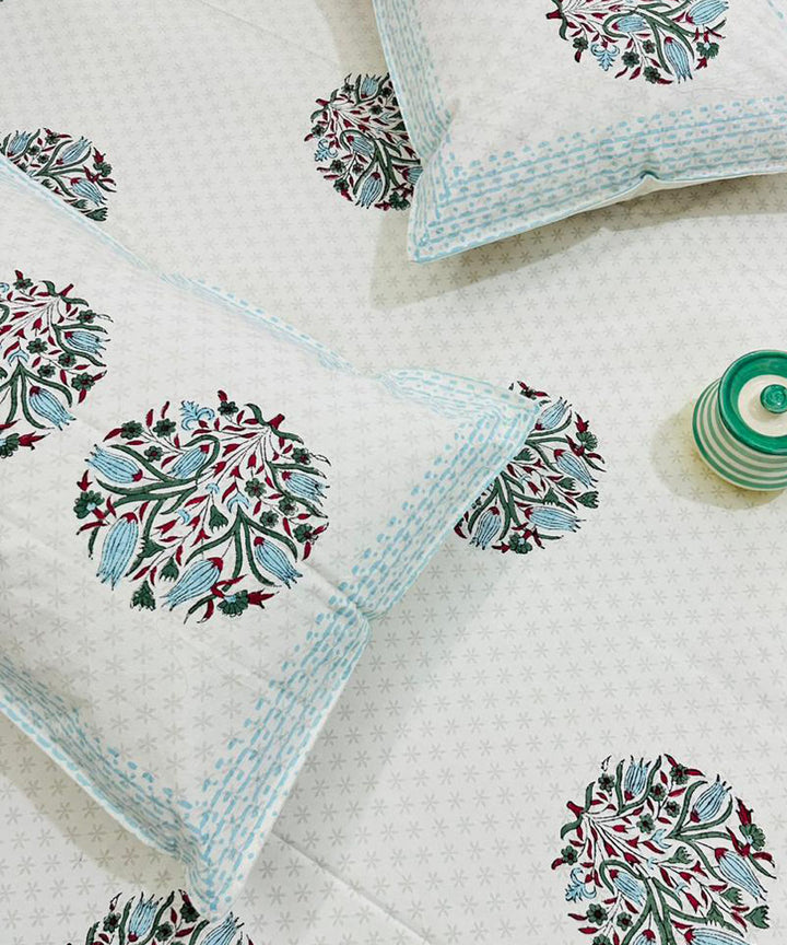 Multicolor white sanganeri block printed cotton king size bedsheet