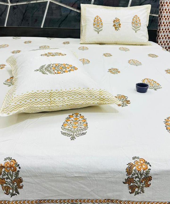 Yellow floral sanganeri block printed cotton king size bedsheet