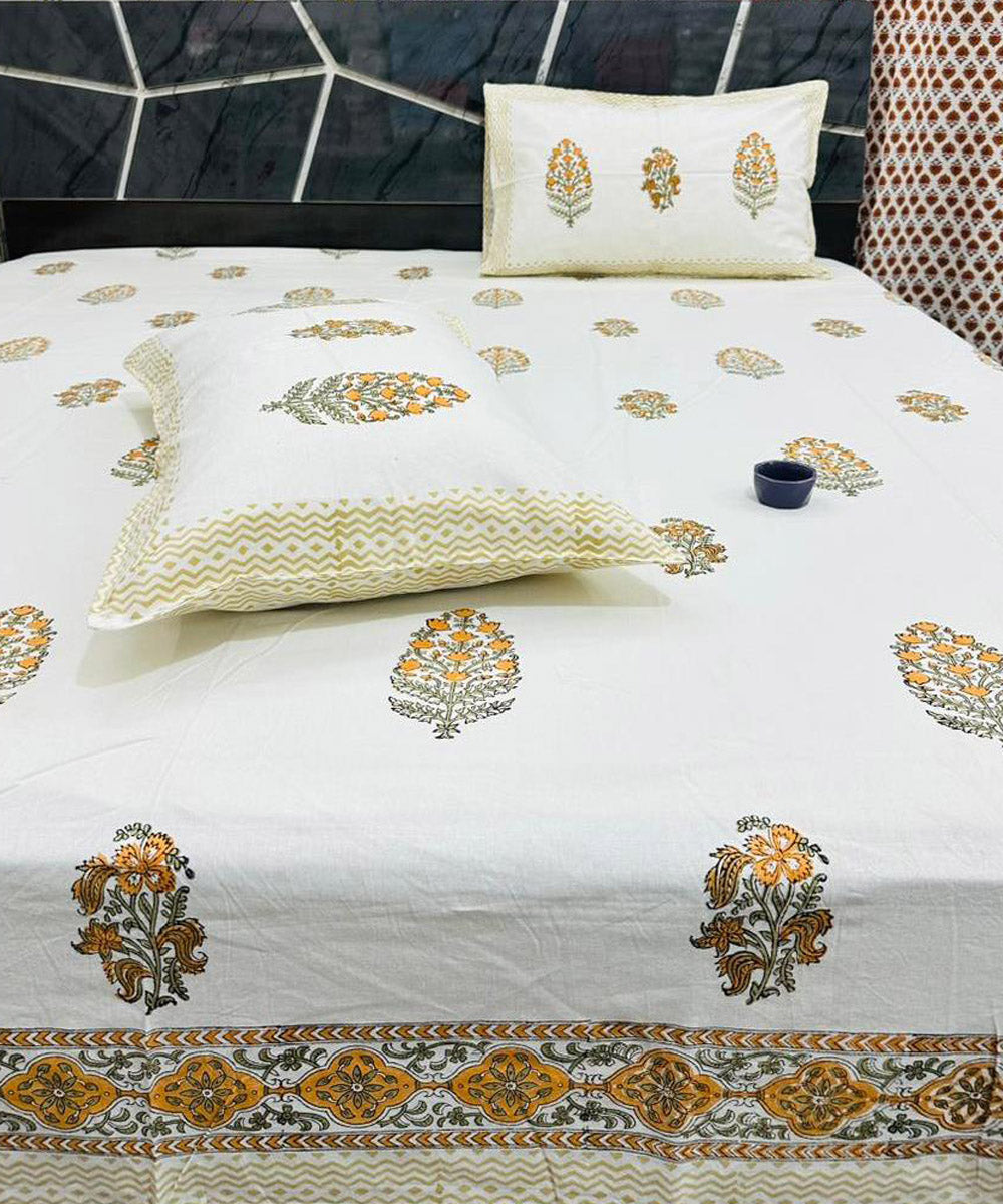 Yellow floral sanganeri block printed cotton king size bedsheet