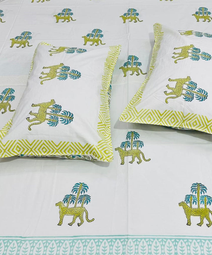 Yellow white sanganeri block printed cotton king size bedsheet