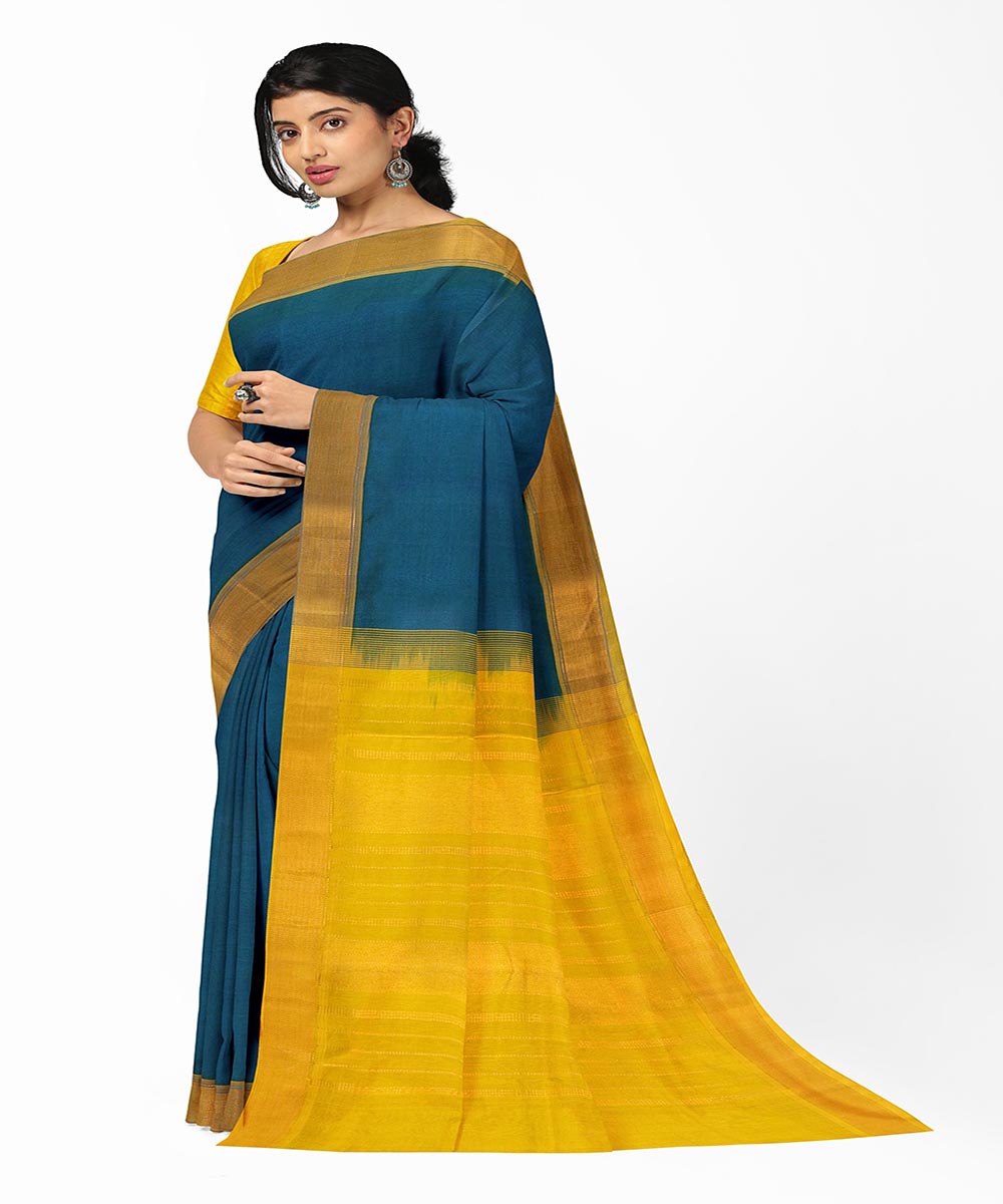 Denim blue yellow handwoven venkatagiri cotton silk saree