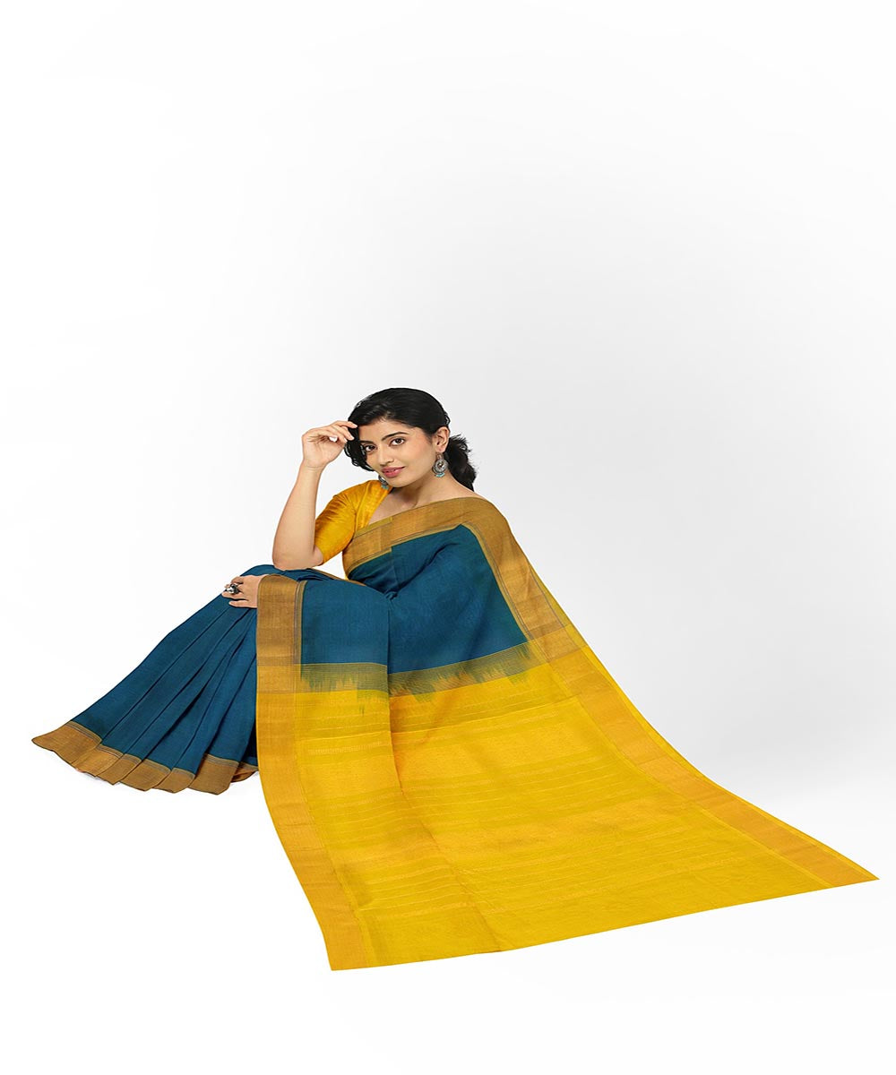 Denim blue yellow handwoven venkatagiri cotton silk saree