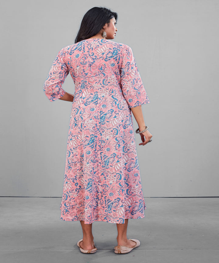 Peach handblock print mul cotton kurti