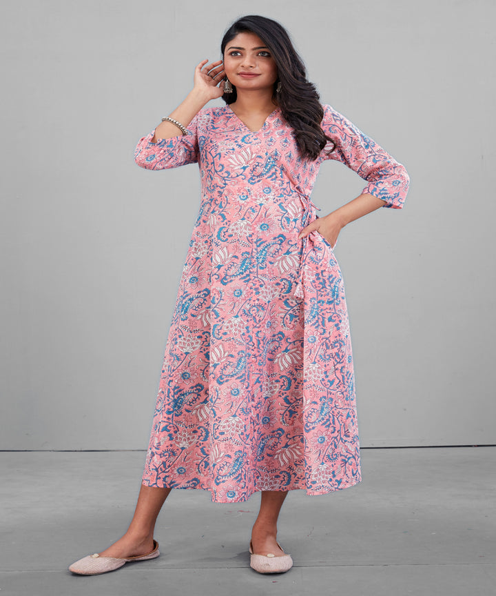 Peach handblock print mul cotton kurti