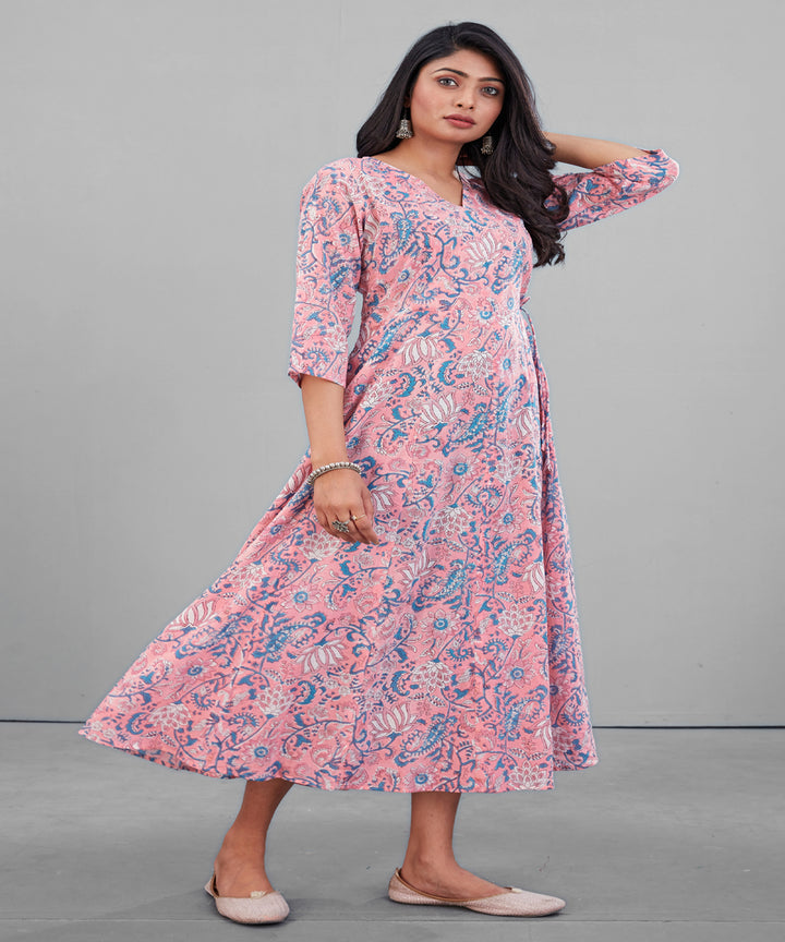 Peach handblock print mul cotton kurti