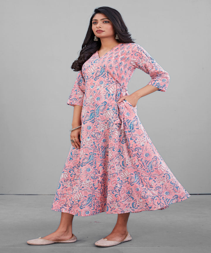 Peach handblock print mul cotton kurti