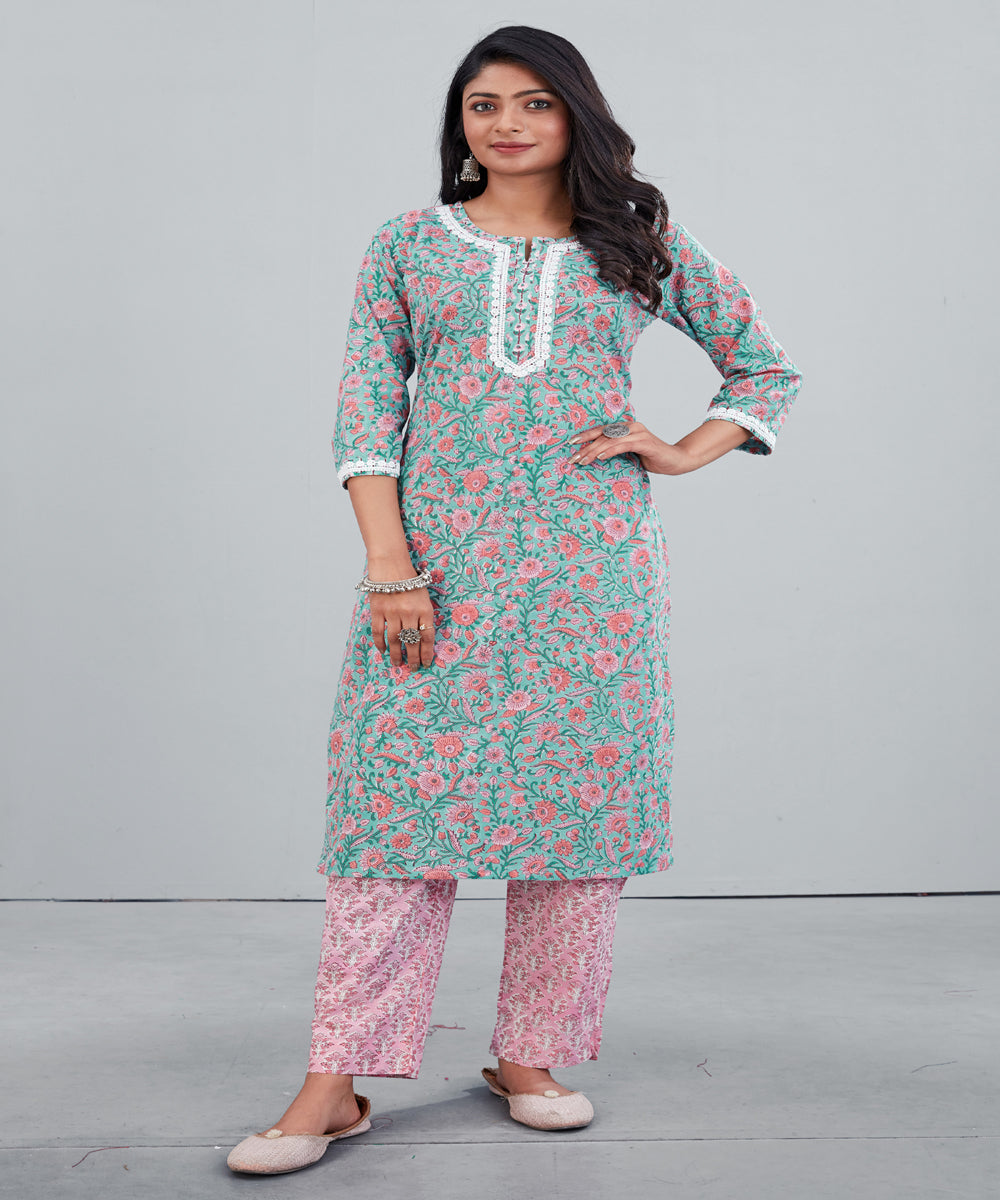 Teal Infusion Handblock Printed Cotton Kurti