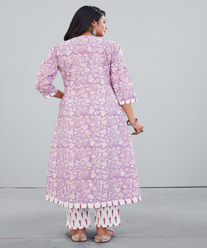 Pastel vilot white hand block printed cotton kurti with pant set