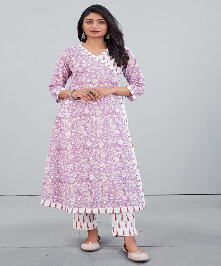 Pastel vilot white hand block printed cotton kurti with pant set