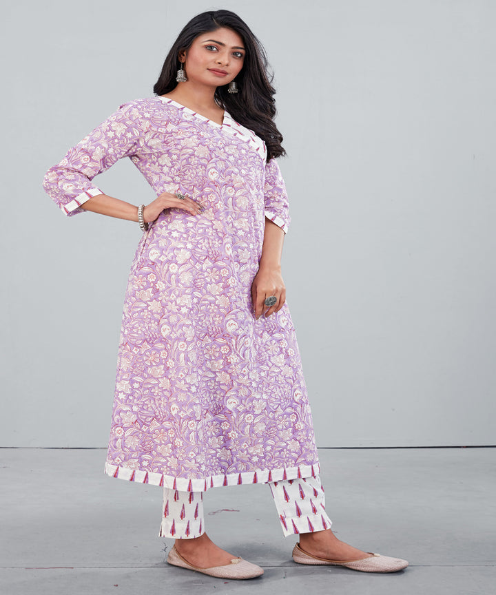 Pastel vilot white hand block printed cotton kurti with pant set
