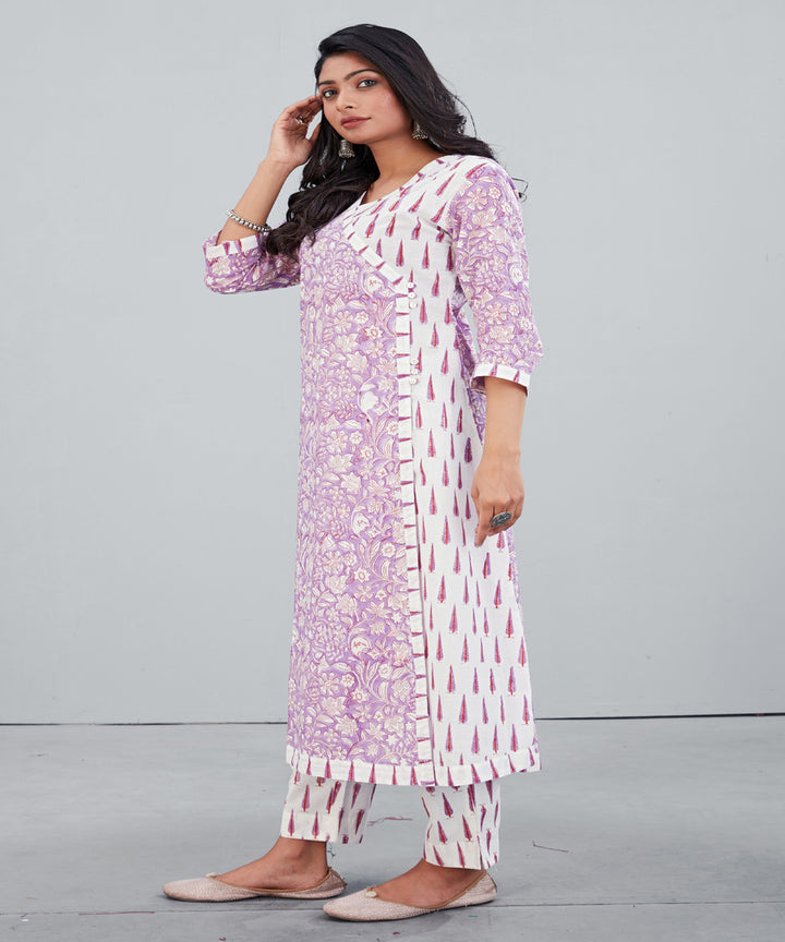 Pastel vilot white hand block printed cotton kurti with pant set