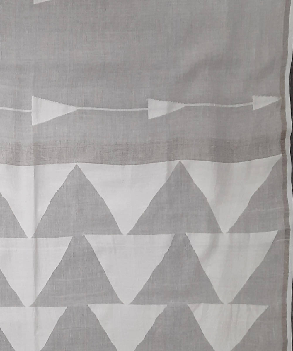 Handwoven grey jamdani muslin saree with silver zari border