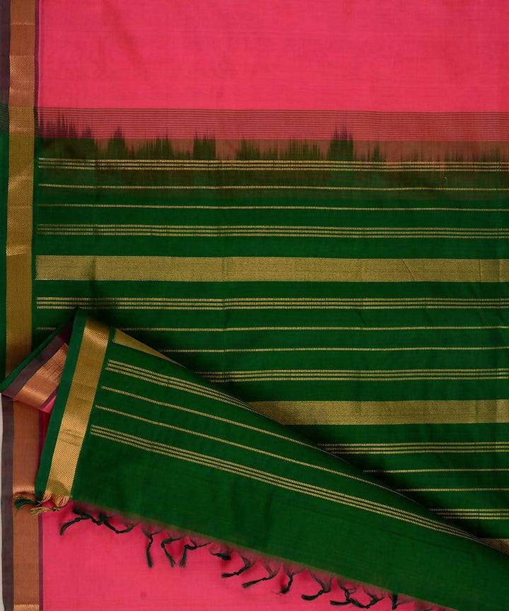 Bright pink kanjivaram silk cotton saree with green border