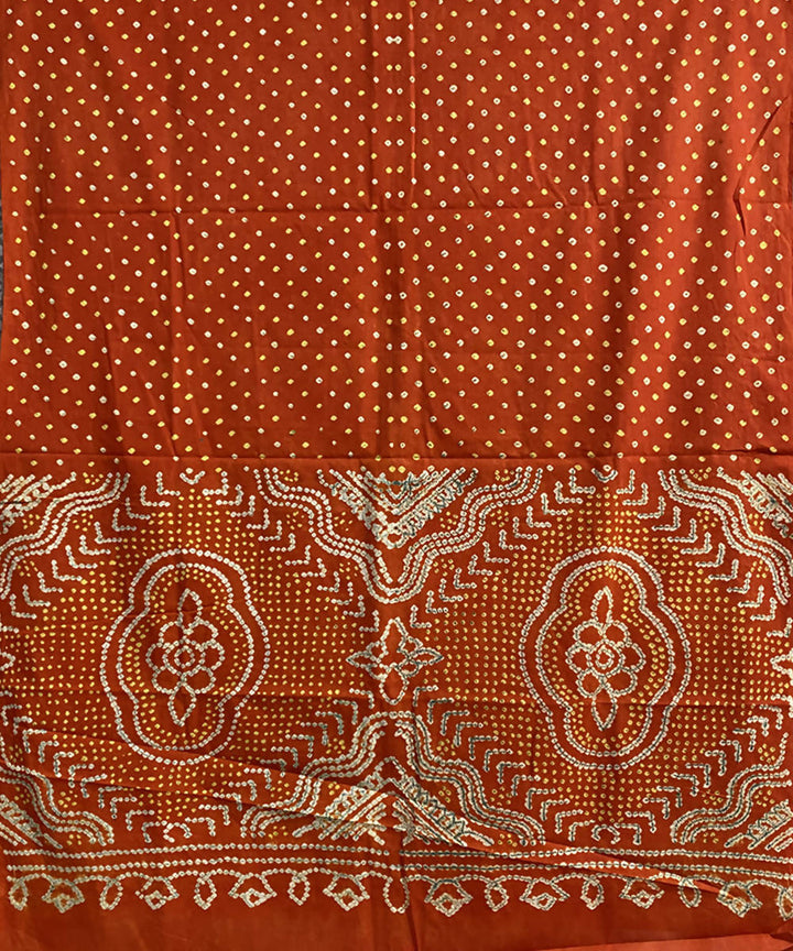 Orange hand printed bandhani cotton silk saree