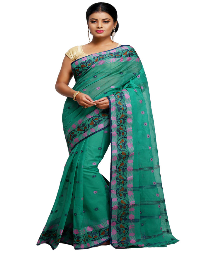 Cyan green handwoven tangail tant cotton bengal saree